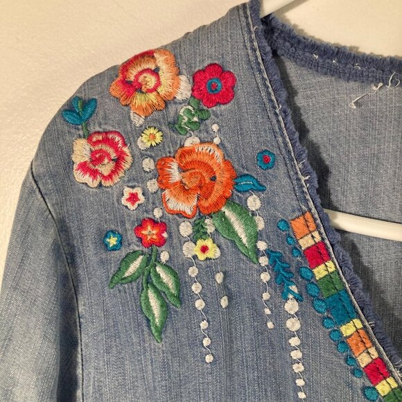 Womens Reba V Neck Chambray Embroidered Shirt XL 3/4 Sleeve Blue Orange White - Picture 6 of 10